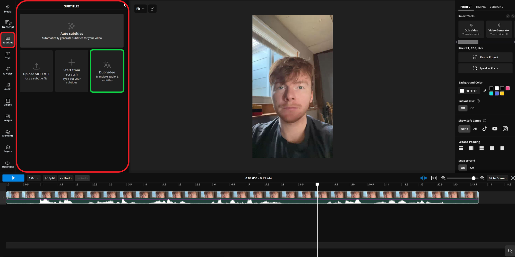 Kapwing editor showing the automatic dubbing tool.