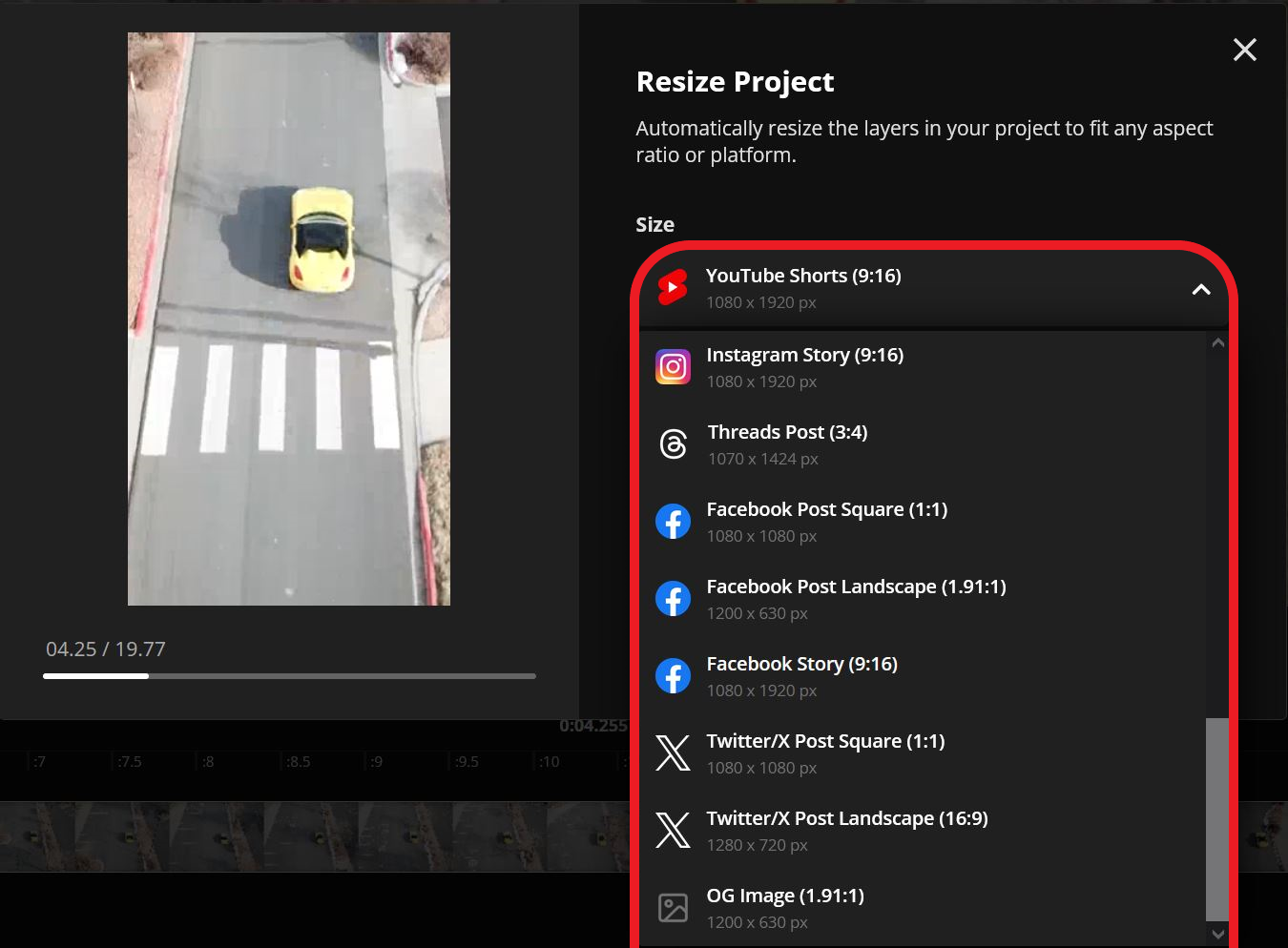 Kapwing Resize Project menu showing multiple aspect ratio options
