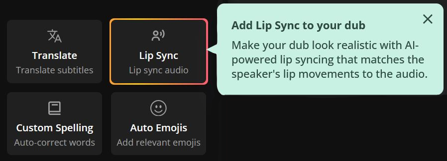 Kapwing editor with subtitle tools like automatic Lip Sync.