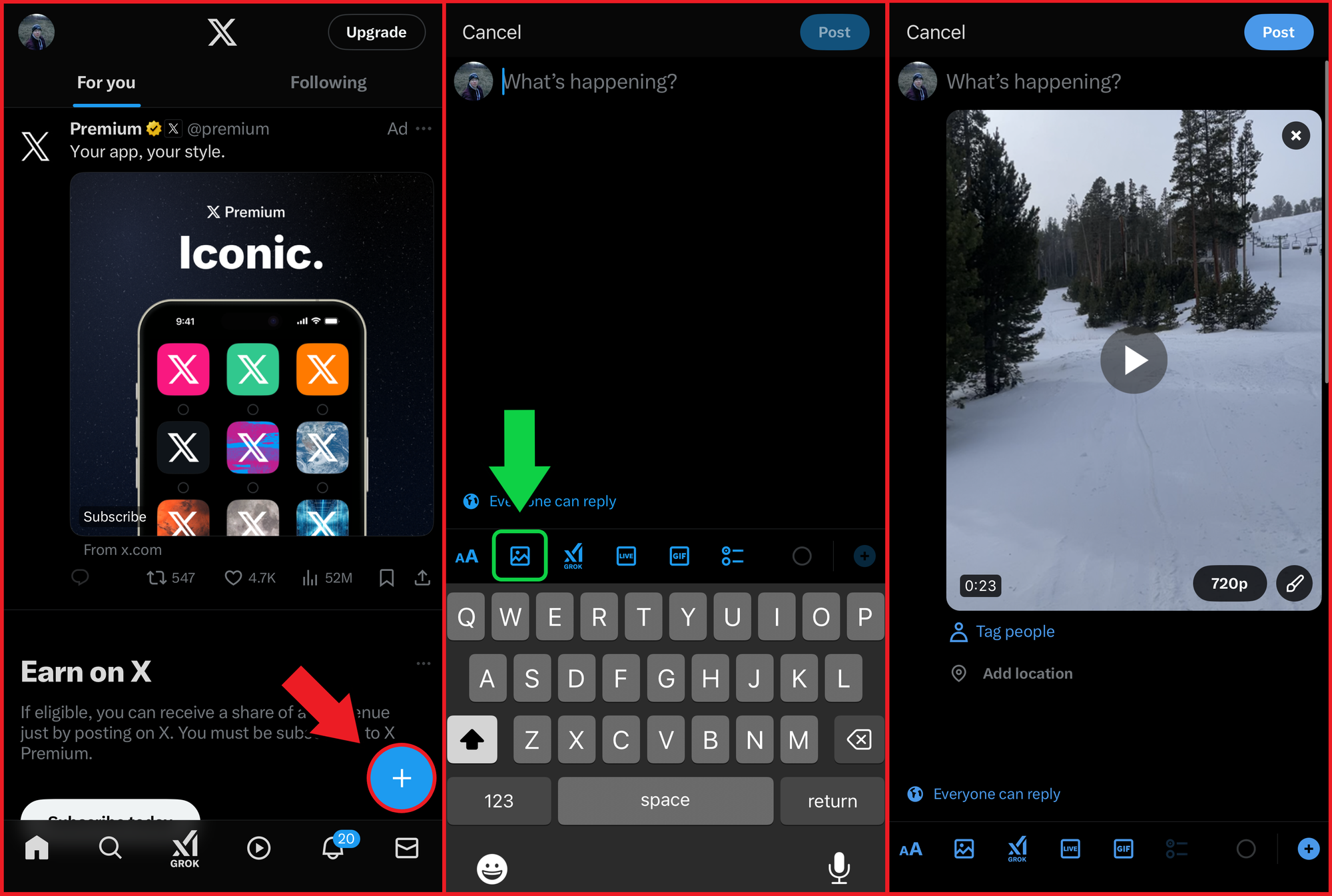 Three side-by-side images of the X platform showing how to upload a video to the vertical video tab.