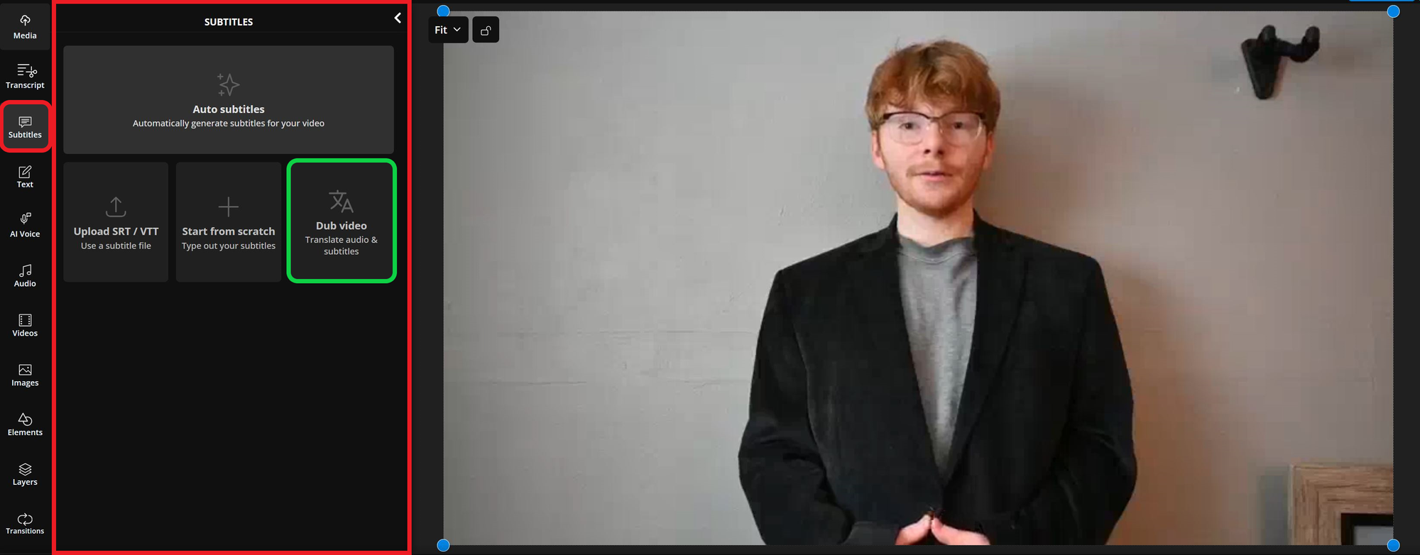 Guide showing how to automatically dub a video on Kapwing.