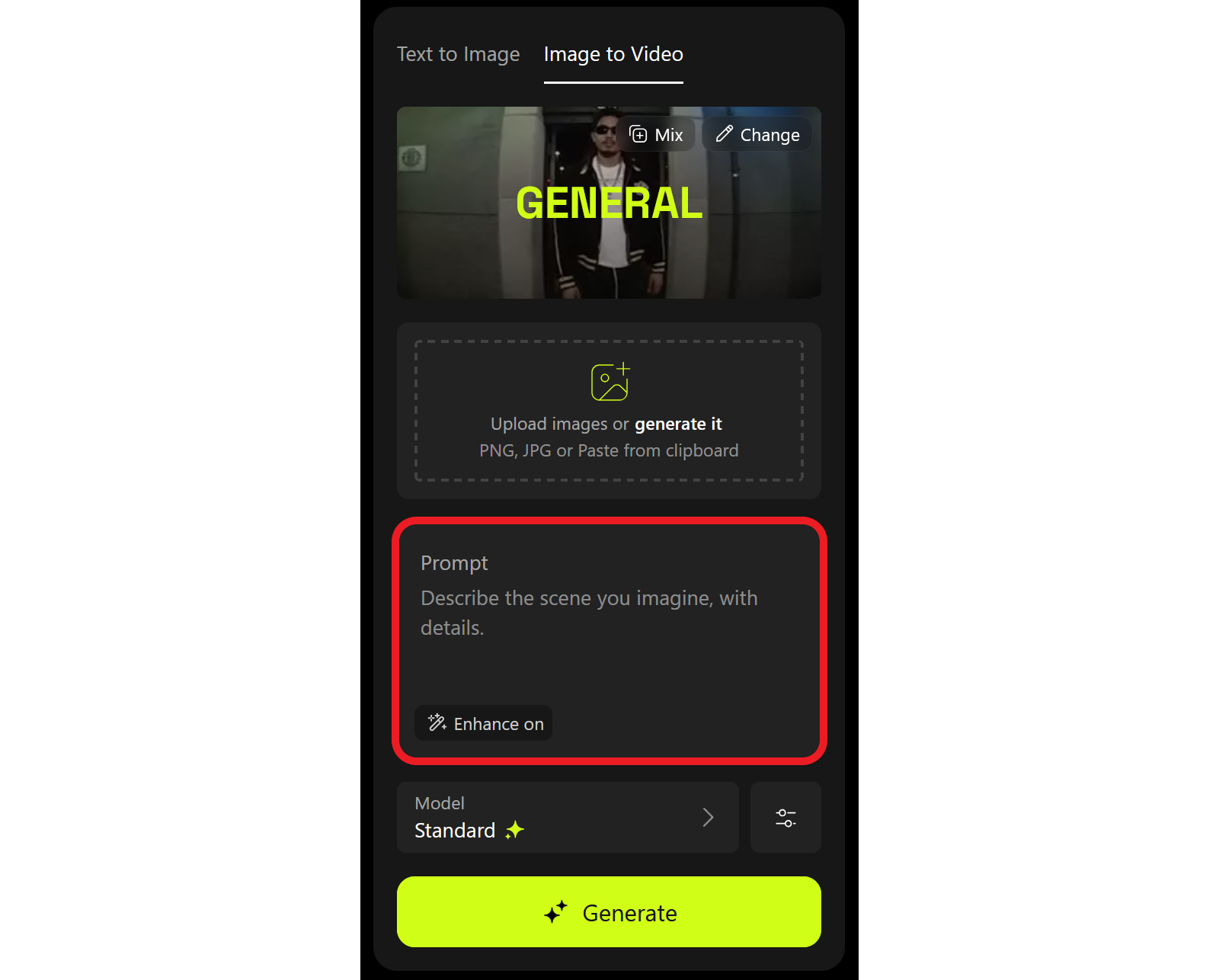 Guide showing where to enter a Higgsfield AI generation prompt.