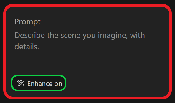 Higgsfield AI prompt box with the enhance button highlighted.