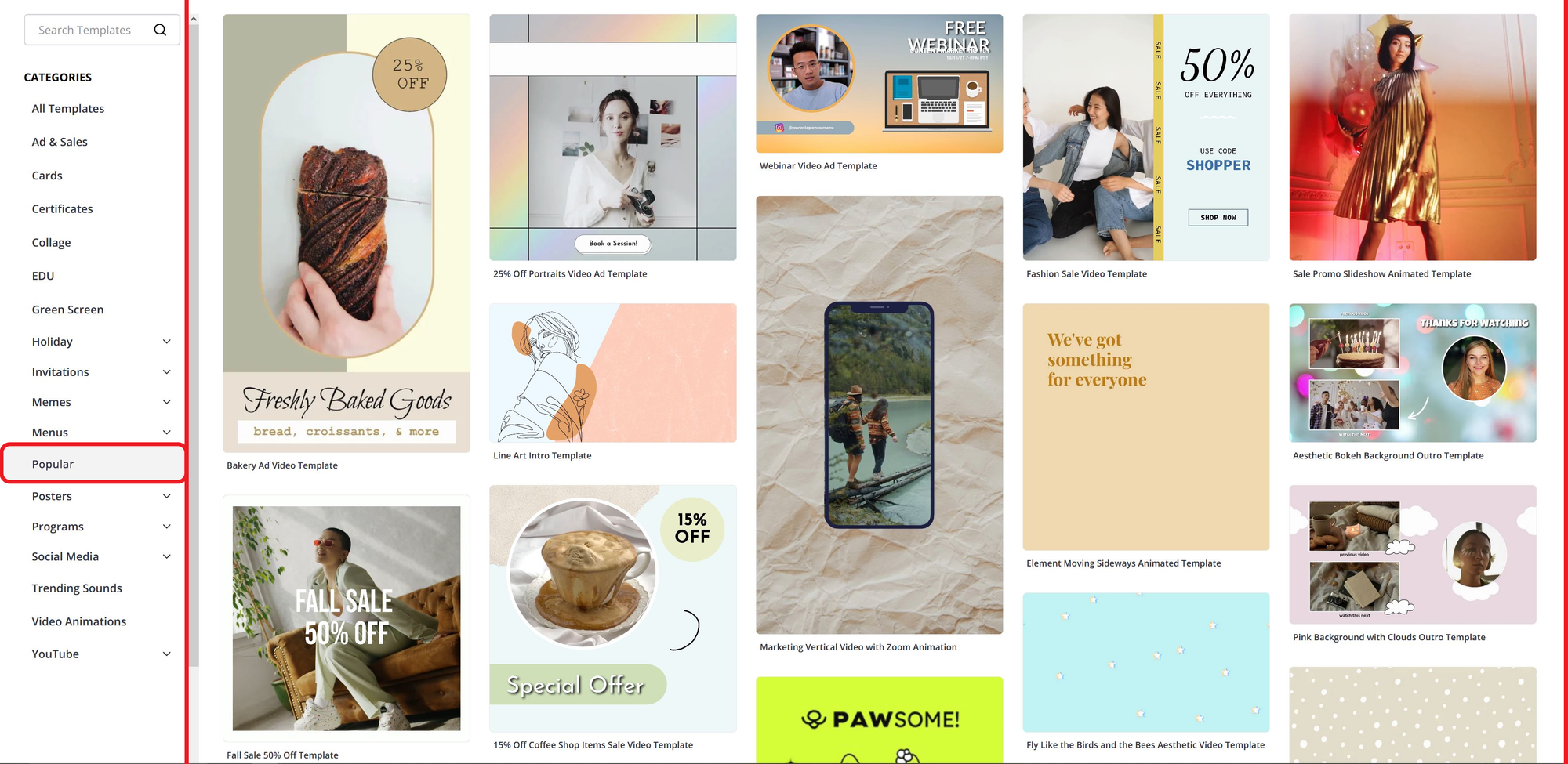 Template library showing free video templates for use in CapCut-style edits.