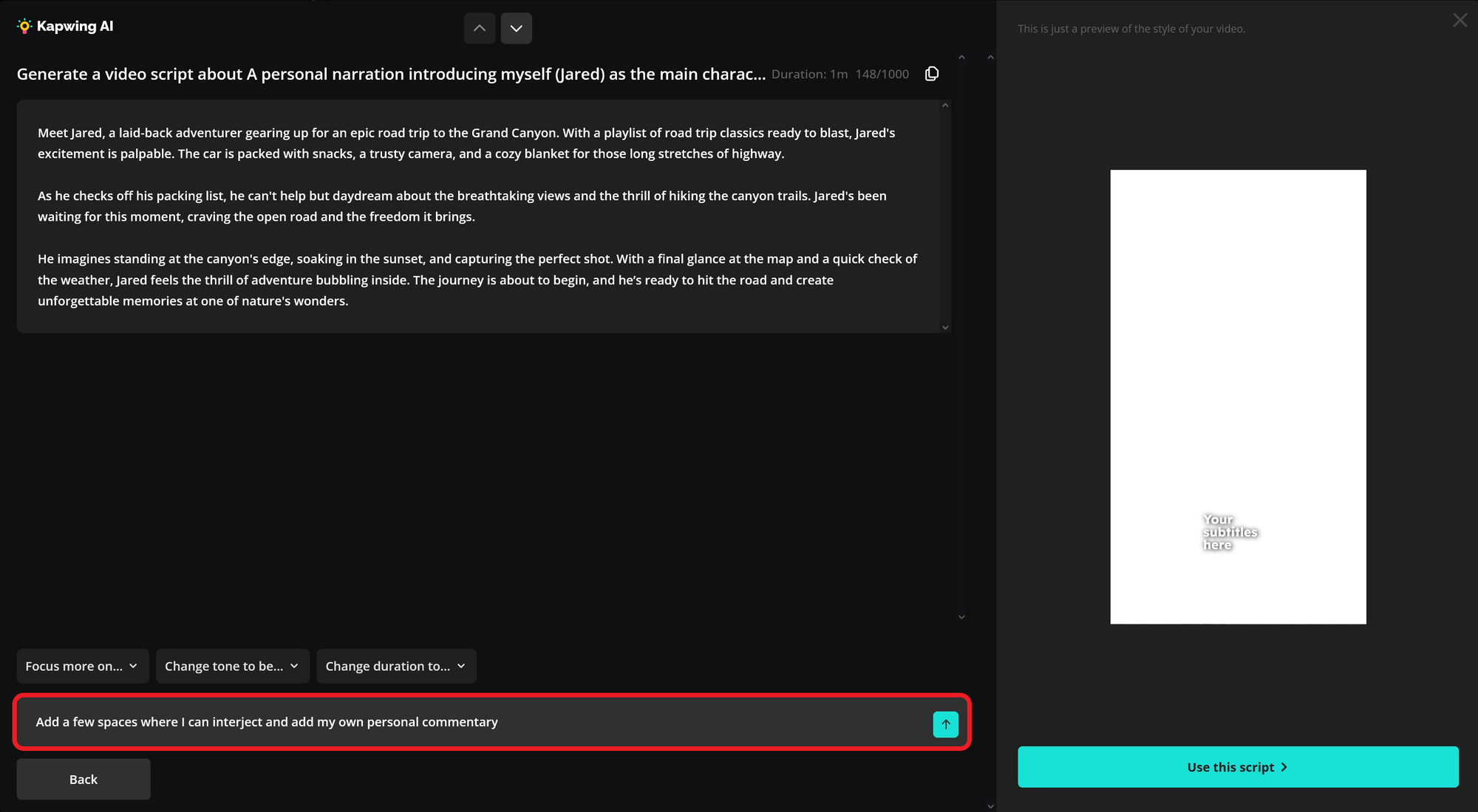 Guide showing how to revise a narration prompt.